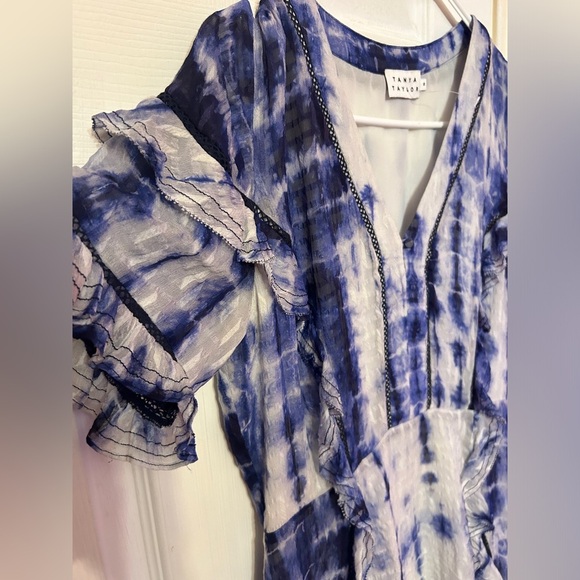Tanya Taylor Dress Womens Size 6 White Blue Rhett Mini Silk Cotton Ruffle - Picture 7 of 8